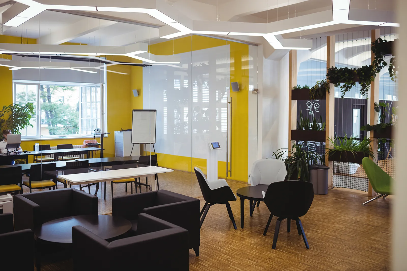 A modern office in the UK with yellow walls