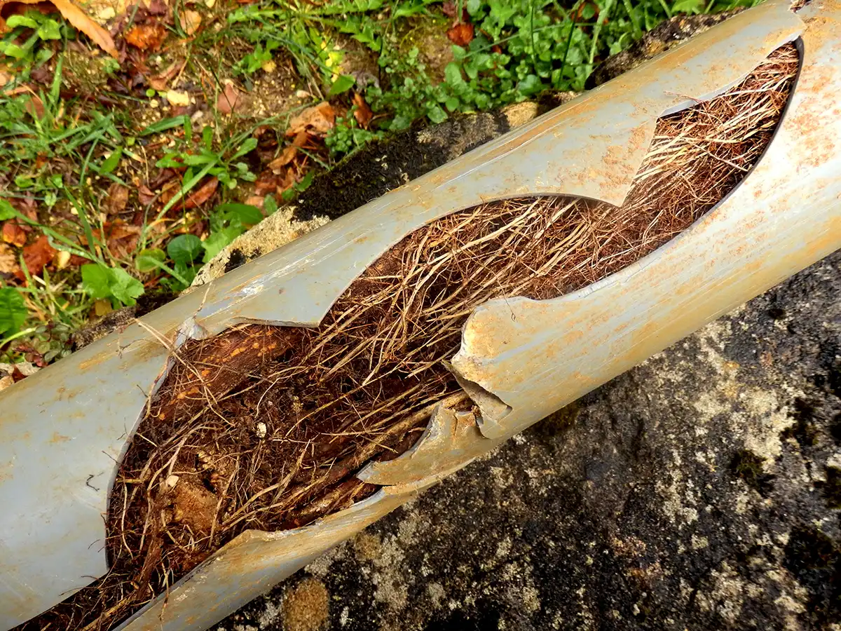 A pipe cracked and split open by roots
