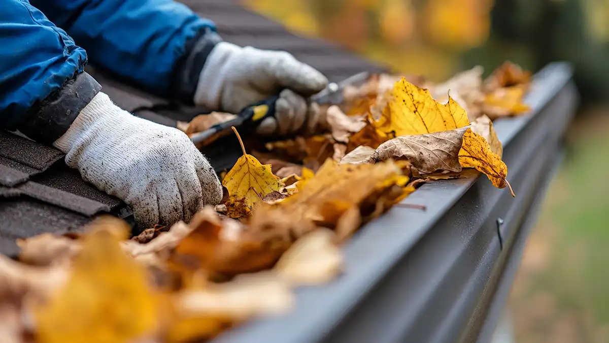 A person clearing autumn leaves from home gutter
