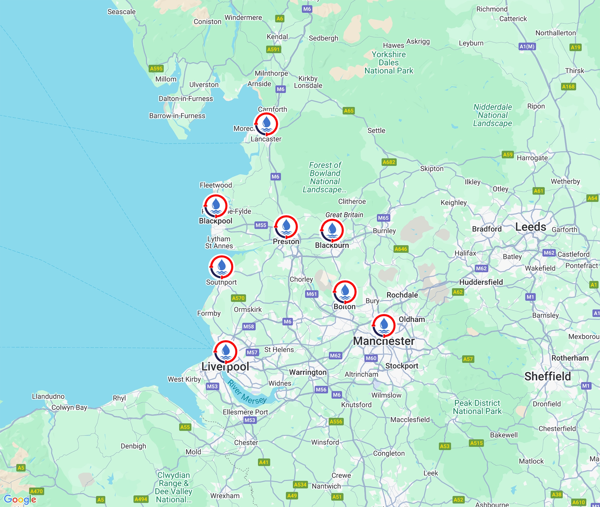 A map of the north west of England showing Drain Pro North West's work area
