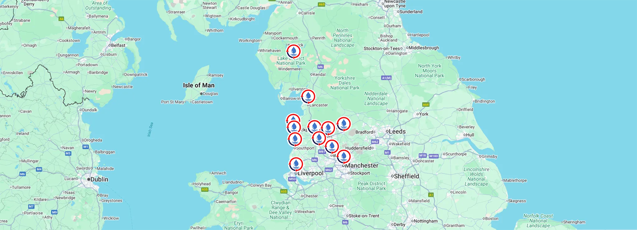 A map of the north west of England showing Drain Pro North West's work area